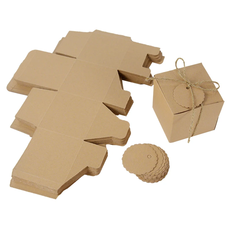 10pcs Kraft Paper Square Candy Box DIY Gift Box With Label Tag Wedding Birthday Party Decor Baby Shower Favor Supplies