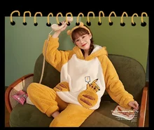 

Cute Sweet Hooded Cartoon Cute Autumn and Winter New Coral Velvet Plus Velvet Thick Thick Warm Pajamas Home Clothes