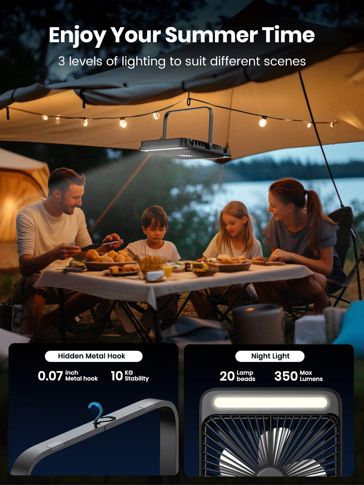D4 Portable Desk Fan 20000mAh Rechargeable Camping Fan & LED Light 48Hrs Runtime