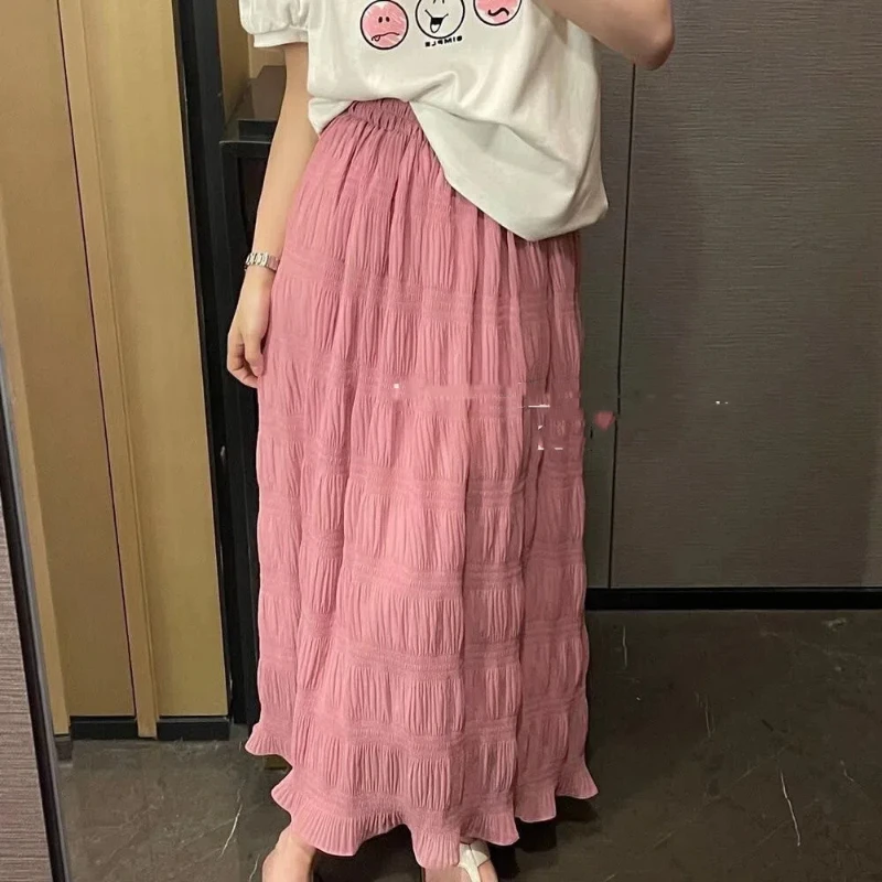 Sweet Young Style Summer New Solid Women's Elastic Waist Pleated Simplicity Fashion Casual High Waist Mid-length A-line Skirt