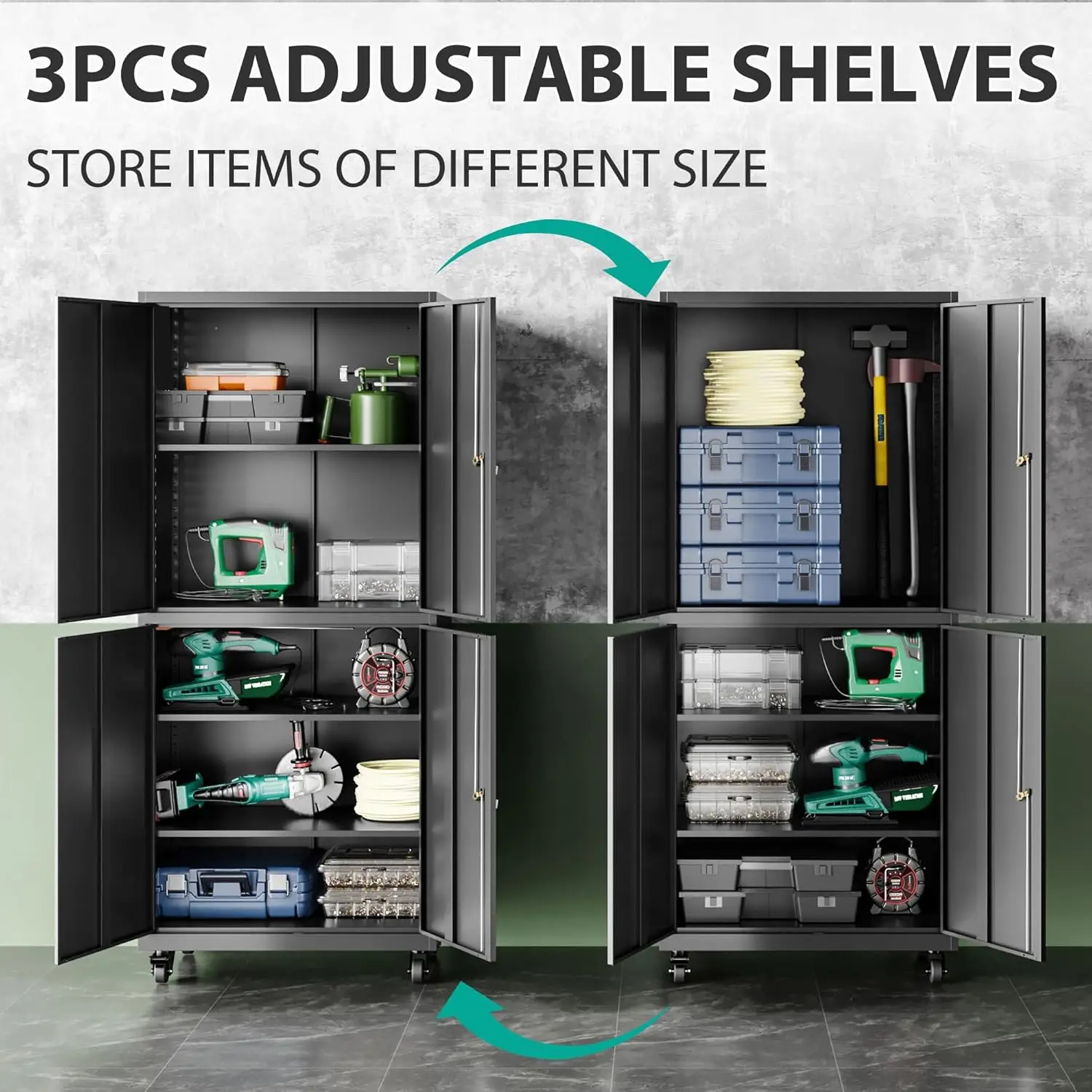 Tool Metal Storage Cabinet with Wheels Rolling Garage Storage Cabinet with Lock Black Metal Cabinet with Shelves 5