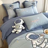 Blue Cute Cartoon Astronaut Embroidery 100% Cotton Boys Bedding Set Single Duvet Cover Set Bed Sheet Pillowcases Gifts For Child 3