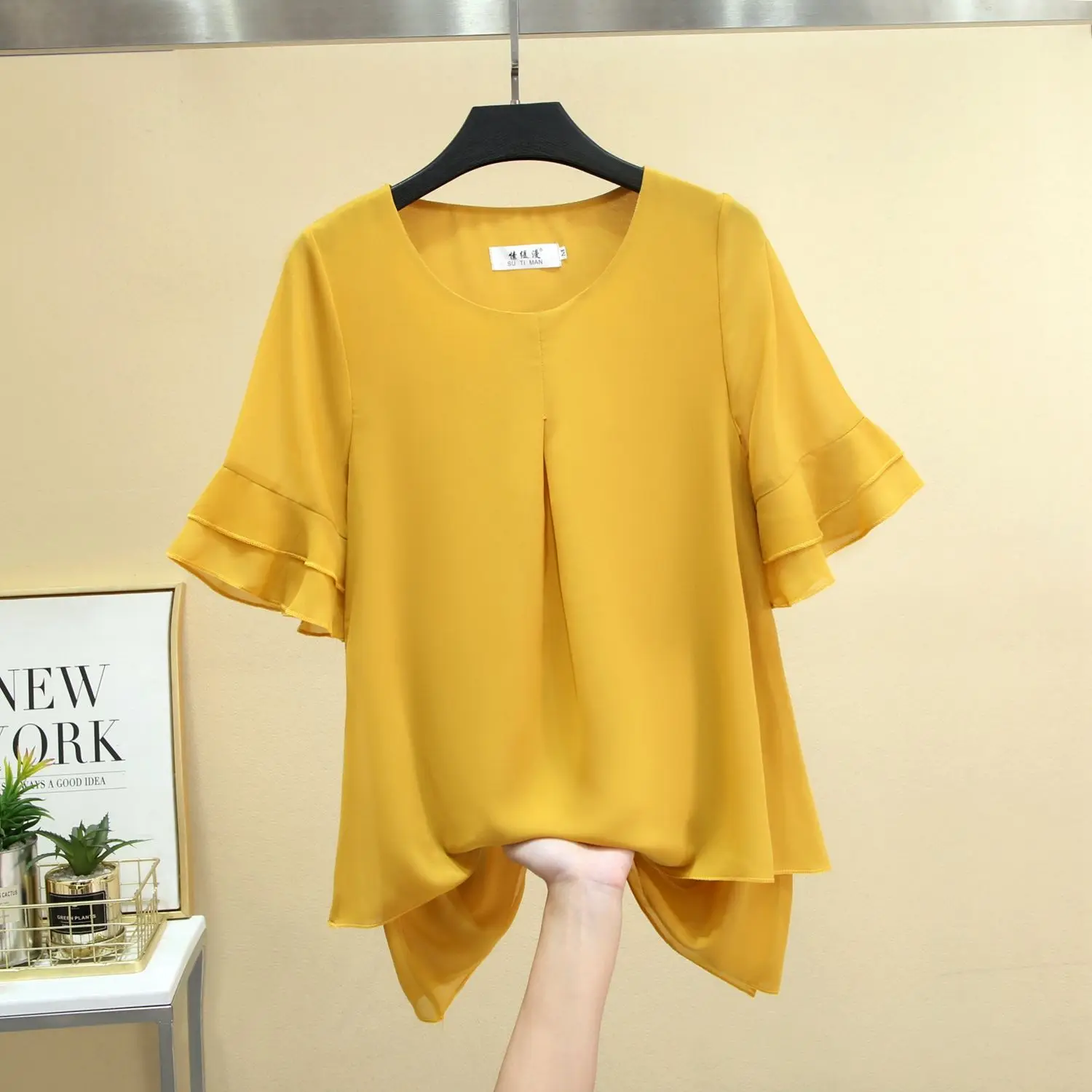 2024 Spring/summer New Ocean Style Niche Design Short-sleeved Blouse Large Size Thin Mid-sleeved Chiffon Shirt for Ladies Tops