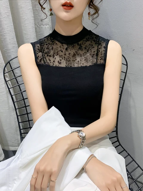 Korean Fashion Casual Mesh Tank Tops For Women Summer Sleeveless T shirt Sexy Inner Outerwear Polka Dot Shirt 2