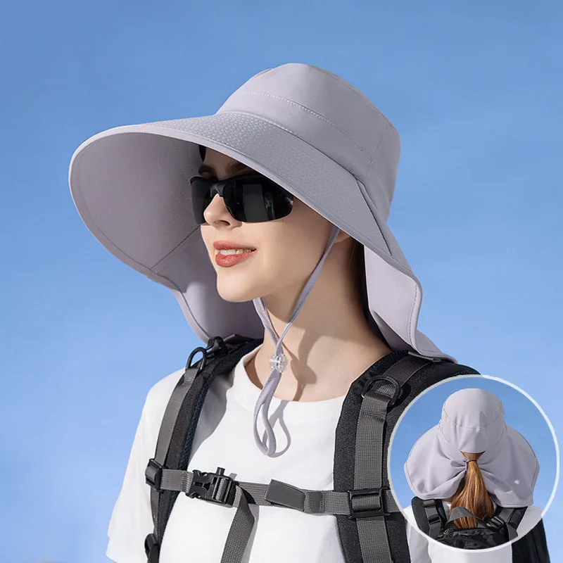 

Female Long Wide Brim Ponytail Sun Hat Summer Anti UV Beach Caps Outdoor Hiking Fishing Hat Women Neck Protection Bucket Hat