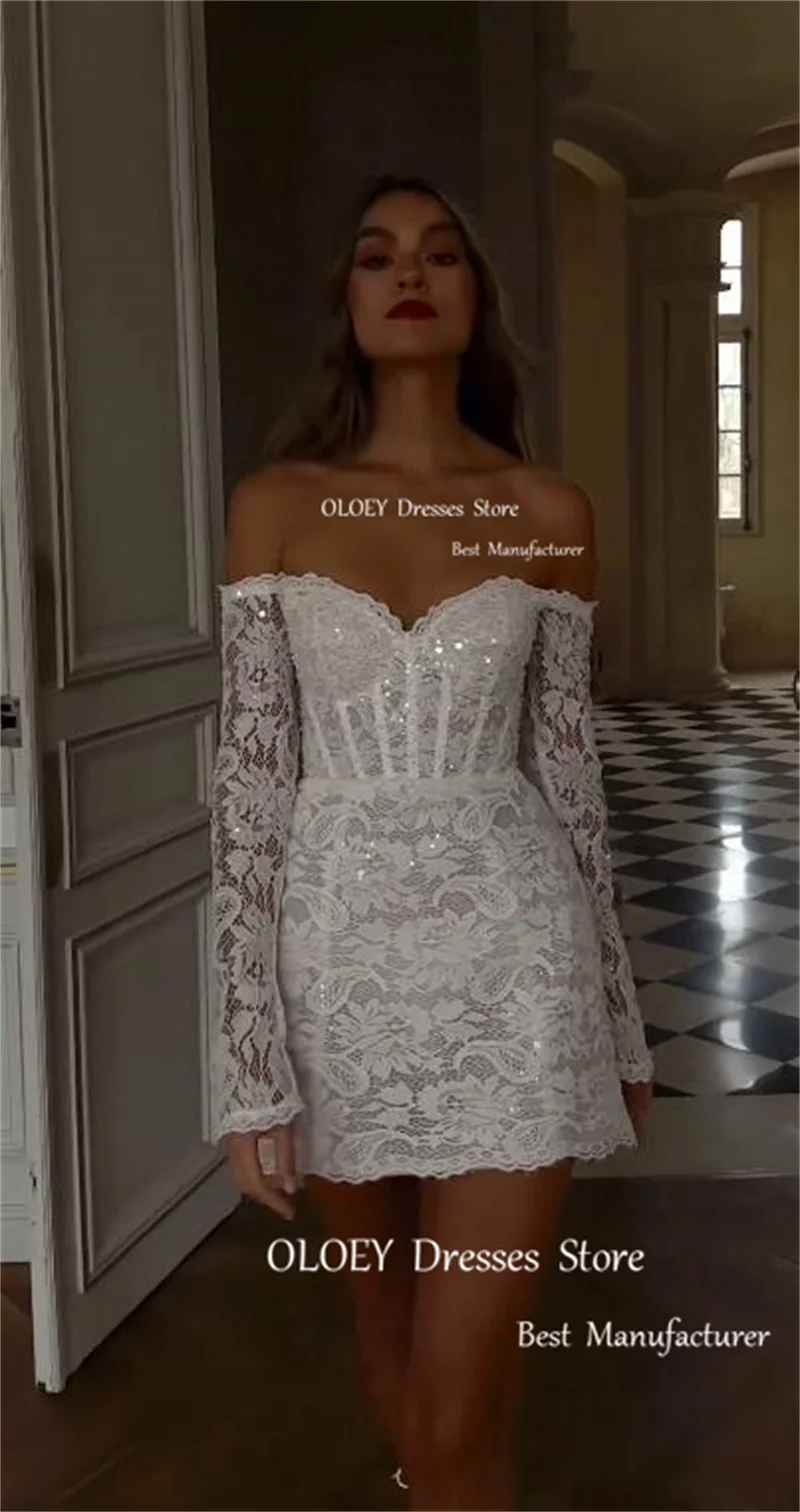 OLOEY Shiny Full lace Mini Short Wedding Dresses Off Shoulder Long Sleeves  US Women Bride Dress Customised Party Bridal Gowns - AliExpress 320