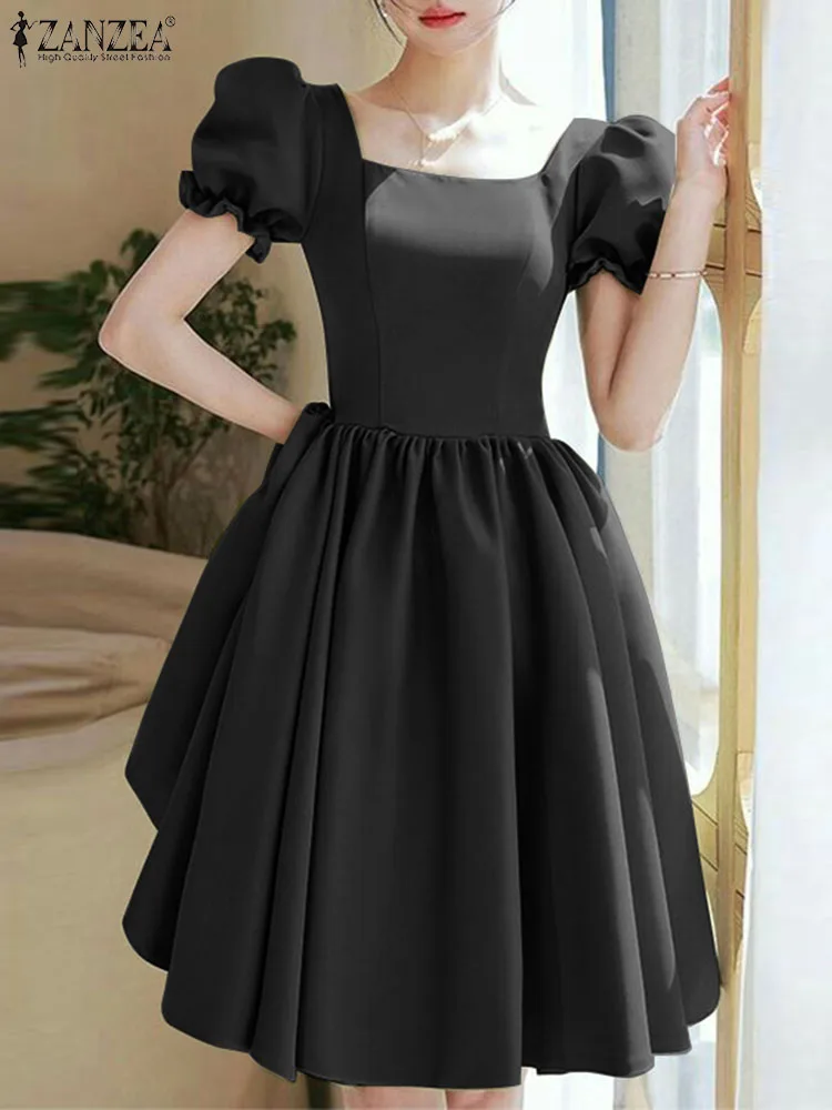 

ZANZEA Casual Square Collar Vestido Elegant Mini Dresses Fashion Women Puff Short Sleeve Sundress 2024 Summer Waisted Party Robe