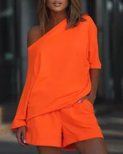 

2022 Two Pieces Suit Spring Summer Casual Top & Pocket Detail Shorts Set Loungewear Women's Bright Half Sleeve Skew Neck Outfits