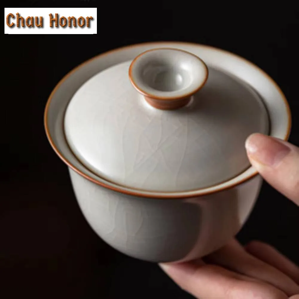 160ml Handmade Ice Cracked Gaiwan Elegant Ru Kiln Porcelain Tea Tureen Tea Brewing Cover Bowl Chinese Teaset Ornament Collection