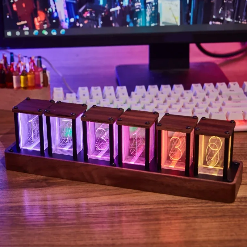 4/6 Tube RGB Full Color Glow Tube Clock Walnut LED Electronic Digital Alarm Clock Atmosphere Home Decoration Gift