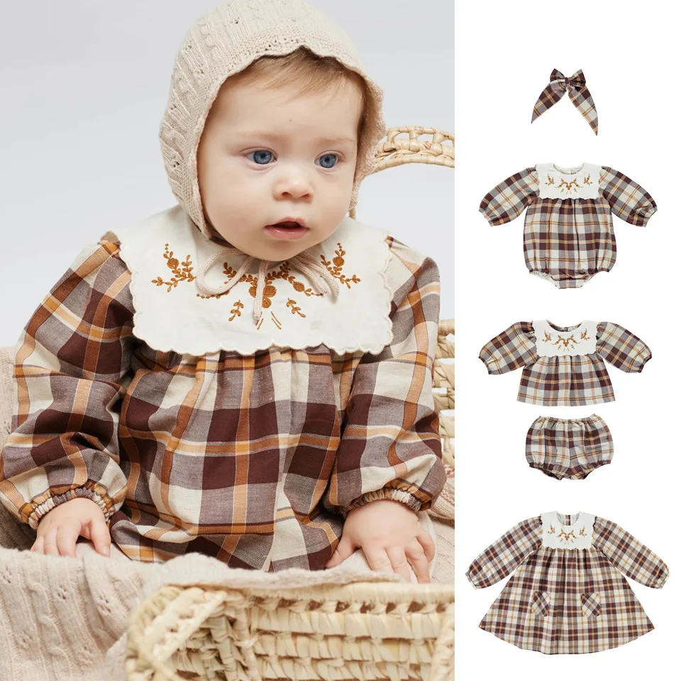 

New Bebe Brand Children Plaid Dress Newborn Embroidered Romper Baby Girls Floral Clothes Set Kids Top And Shorts Suit 1-10Years