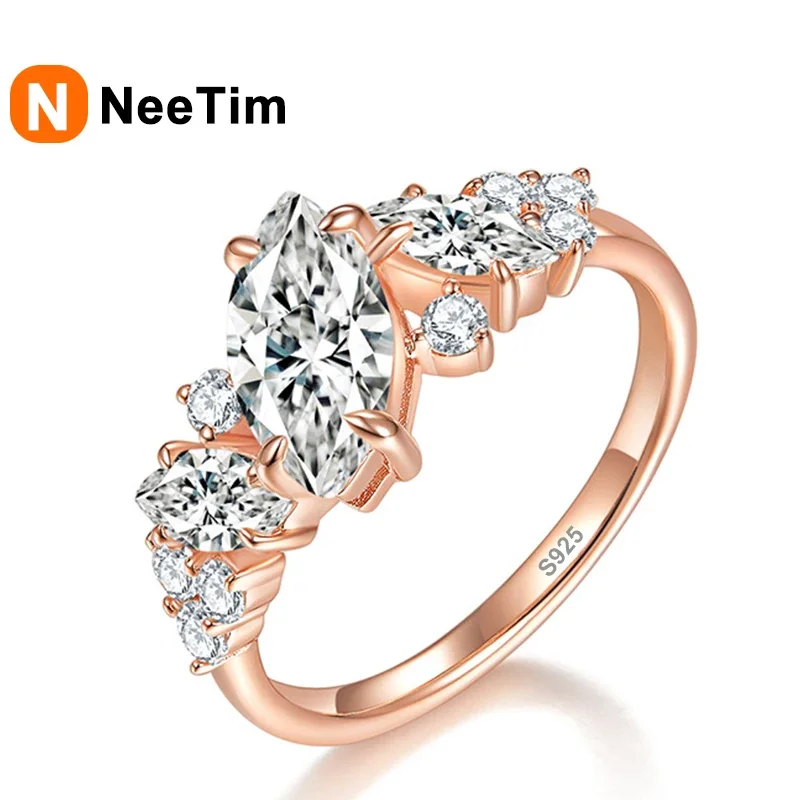 

NeeTim D Color Marquise Cut Moissanite Ring For Women Full Moissanite Rings 925 Silver Engagement Wedding Bands with Certificate