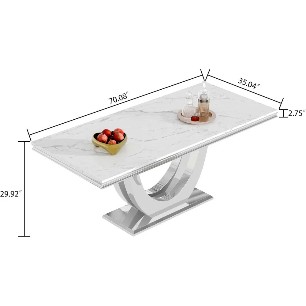 Dining Table Luxury Faux Marble Kitchen Table with Silver Mirrored Finish Stainless Steel Base,Rectangular Dining Room Table 2