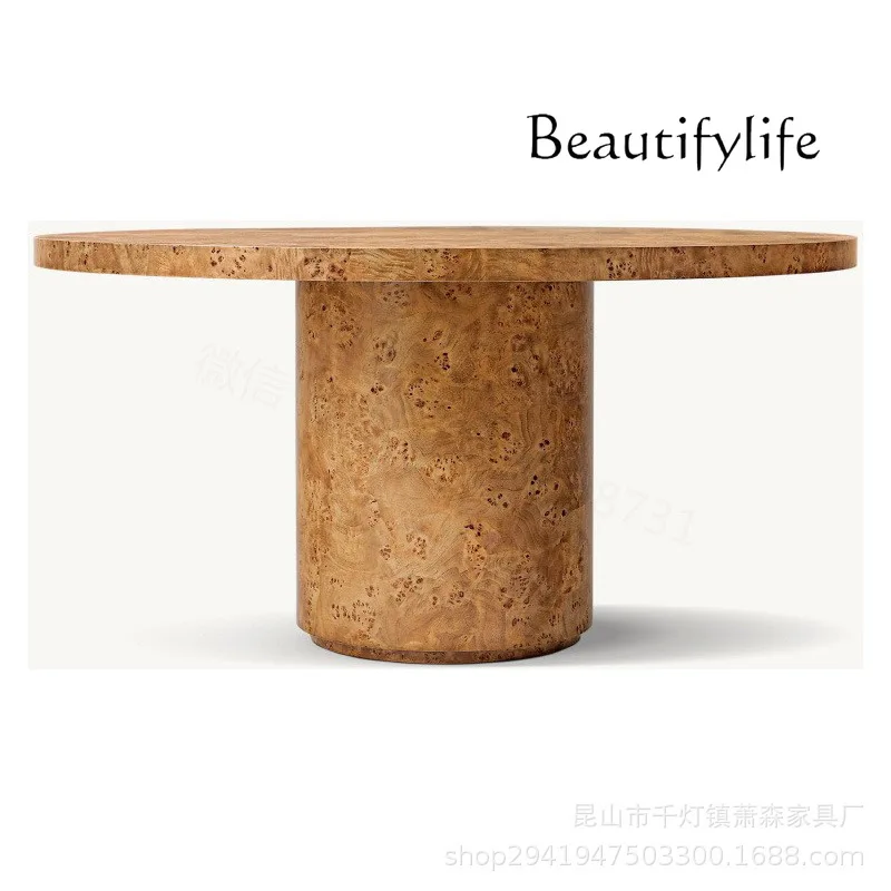 

American-Style Solid Wood Tumor Leather round Dining Table Modern Minimalist Log Dining Table Nordic Solid Wood Dining Table