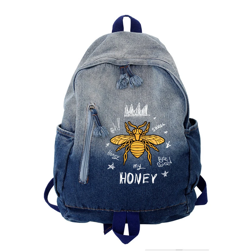 

New Denim Korean Schoolbags Women Man Students Vintage Trendy Backpacks Funny Honeybee Animal Cartoon Printed Customized