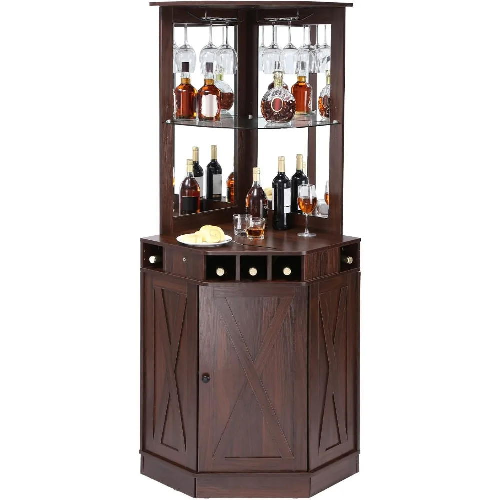 Corner Industrial Bar Cabinet, Wine Table for Liquor & Glasses, Sideboard Buffet Cabinet with Glass Holder, Bar Cabinet