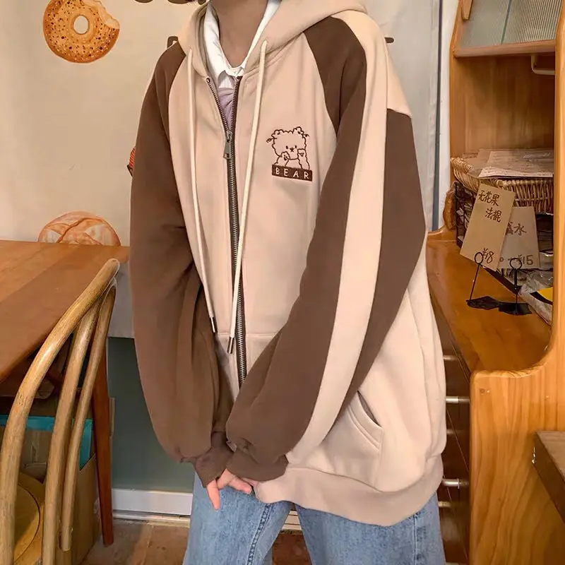  autumn and winter college style Japanese girl cute hoodie bear embroidery student fashion loose stitching zipper sweater