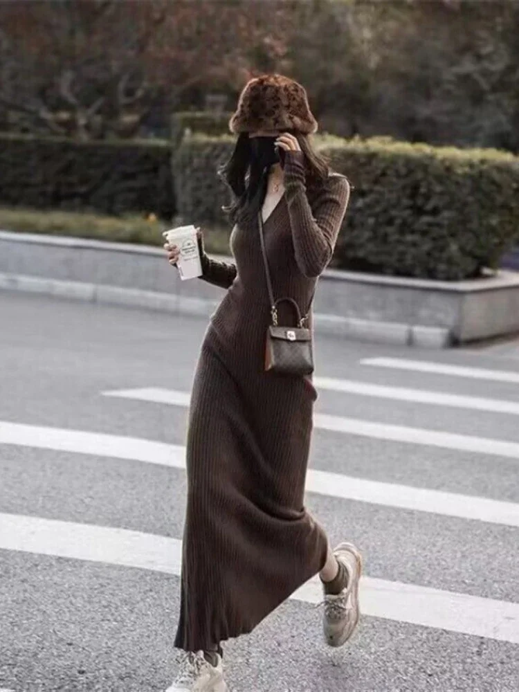 

Long Flared Sleeves Deep V-neck Solid Knit Sweater Vestidos Women's Fashion Elegant Slim Maxi Dress 2023 Chic Club Street Wear