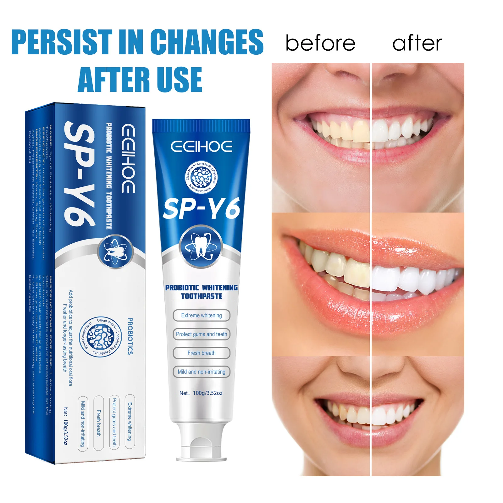 

100g SP-Y6 Probiotics Whitening Toothpaste Deep Cleaning Removes Tooth Stains Improve Yellow Teeth Tartar Fresh Breath Oral Care