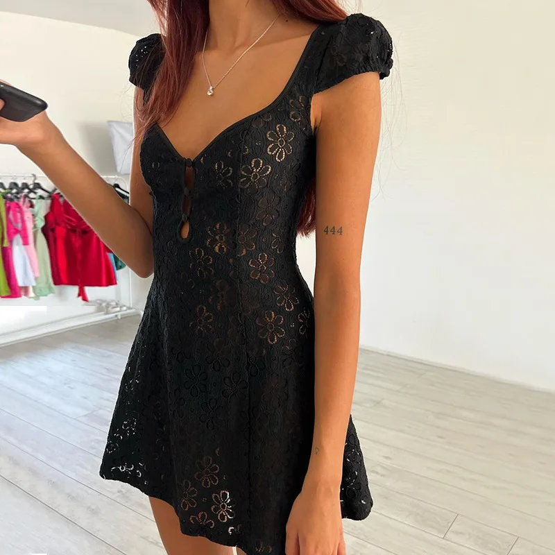 

Women Fairy Lace Mini Dress Spaghetti Strap A-Line Short Dresses Sleeveless Backless Sundress Party Club Cami Dress
