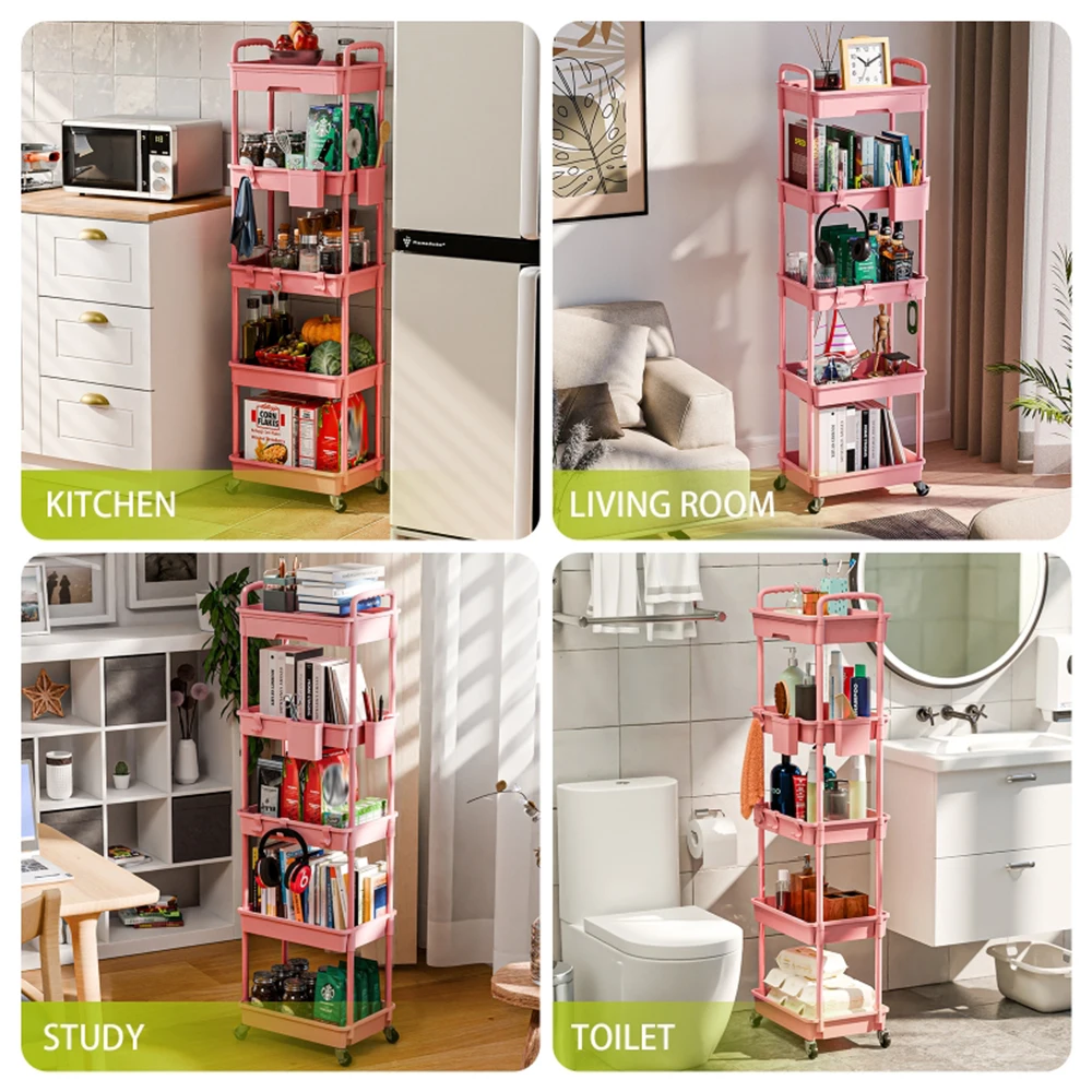 5 Tier Rolling Utility Cart with Drawer, Cart Made of Multifunctional Storage Organizer Tool for Kitchen,Bathroom,Living Room