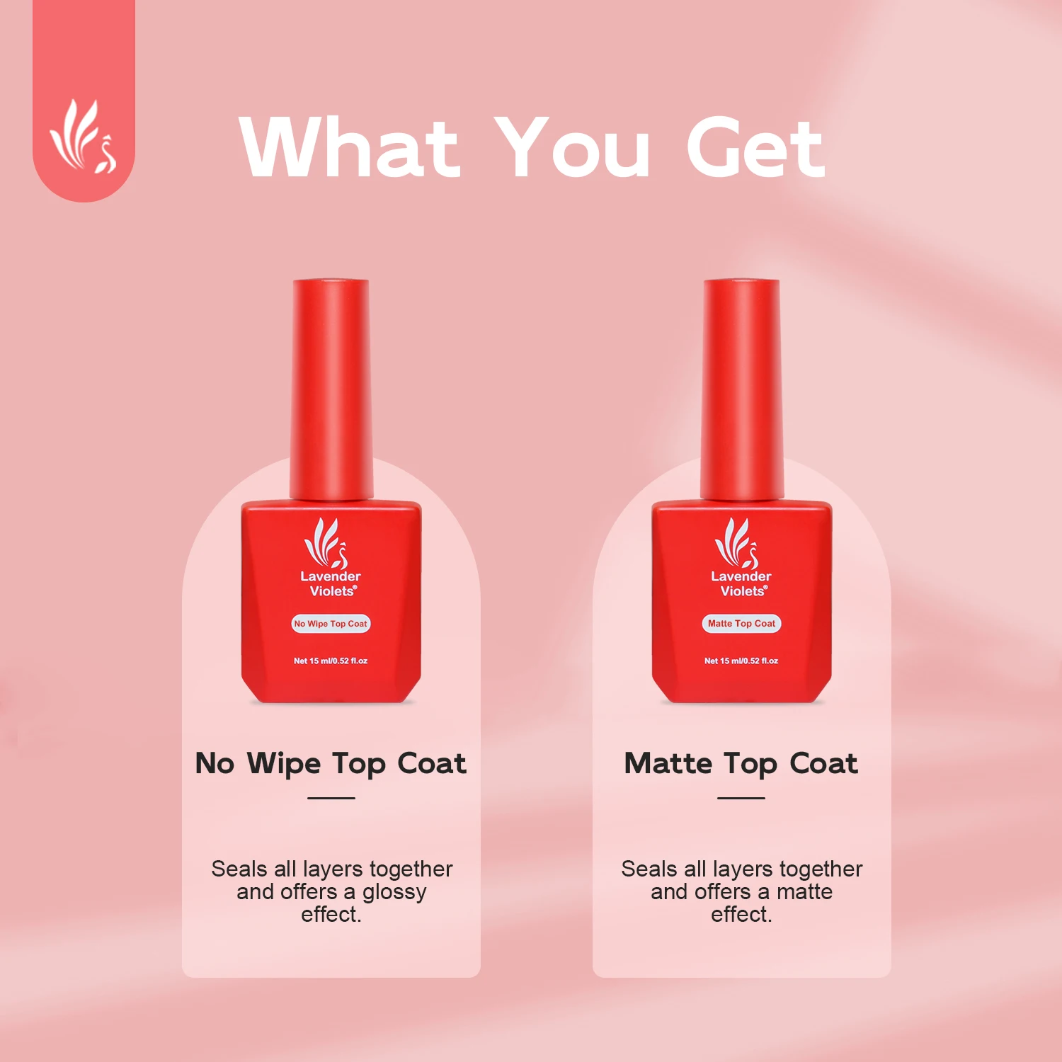 2pcs 15ml No Wipe Glossy and Matte Top Coat Soak Off Nail Gel Varnish for Starter Home Salon Nail Art Design Manicure Pedicure 2