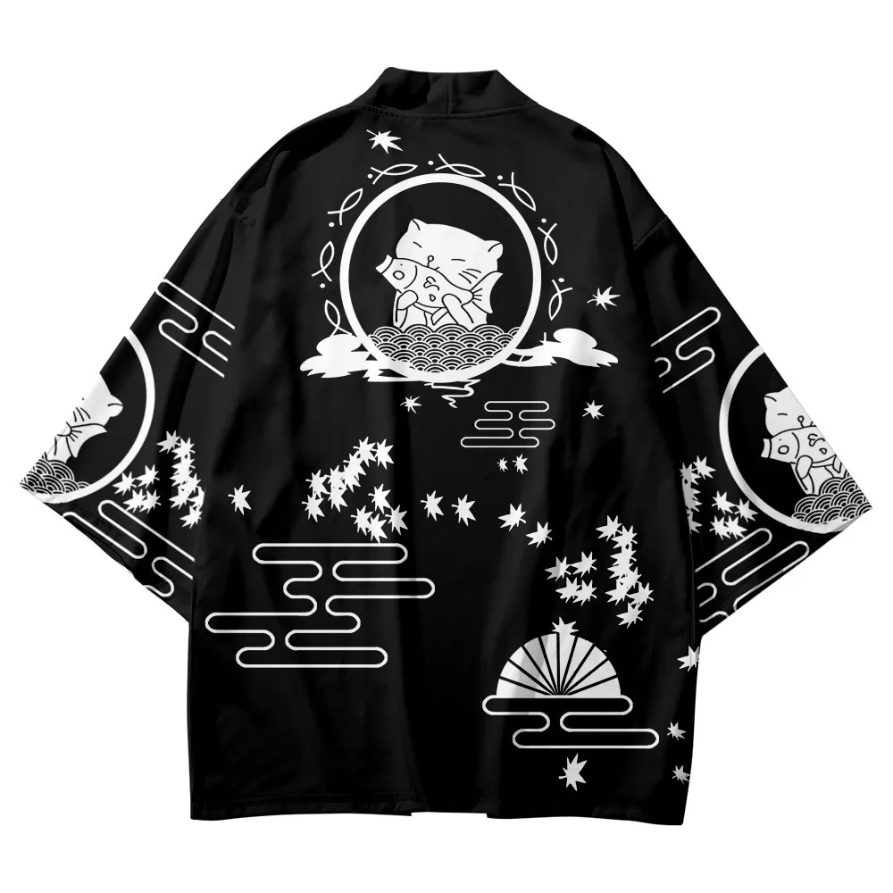 Summer Beach Casual Oversized Cardigan Blue Haori Women's Traditional Clothing Japanese Cat Printing Kimono Men Tops 5XL 6XL