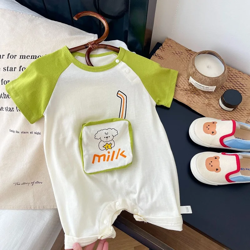 

2023 Summer Baby Boy Clothes 0-24Months Newborn Short Sleeve O-Neck Patchwork Cotton Romper Jumpsuit Milk Outfits Korea Playsuit