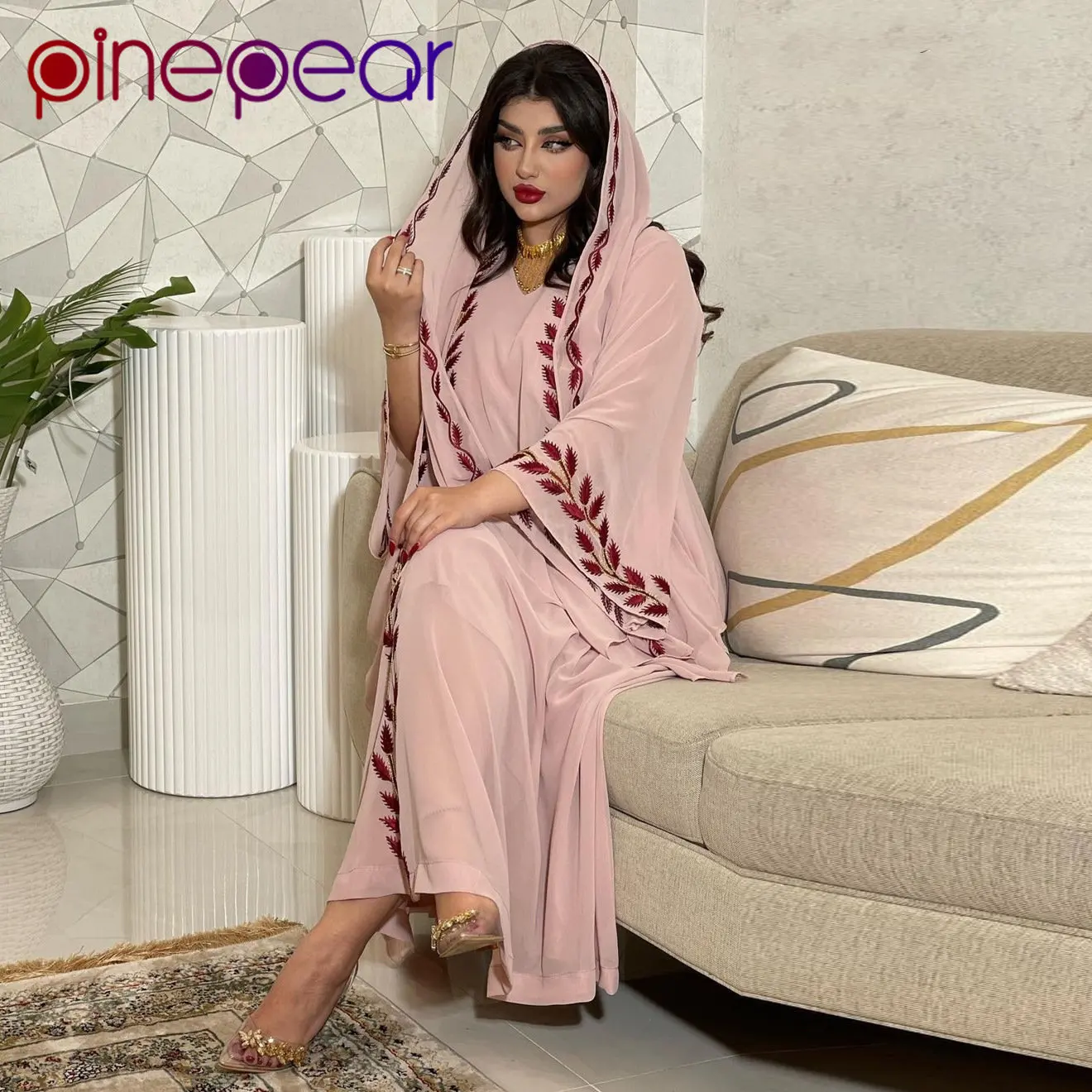 

NEW Summer Elegant Muslim Women Dress with Headscarf V Neck Embroidery Ankle Length Floral Moroccan Kaftan Casual Abaya 2023