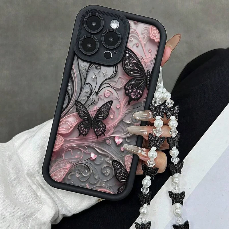Elegant Black Butterfly Pattern Soft Phone Case with Butterfly Charm Cover