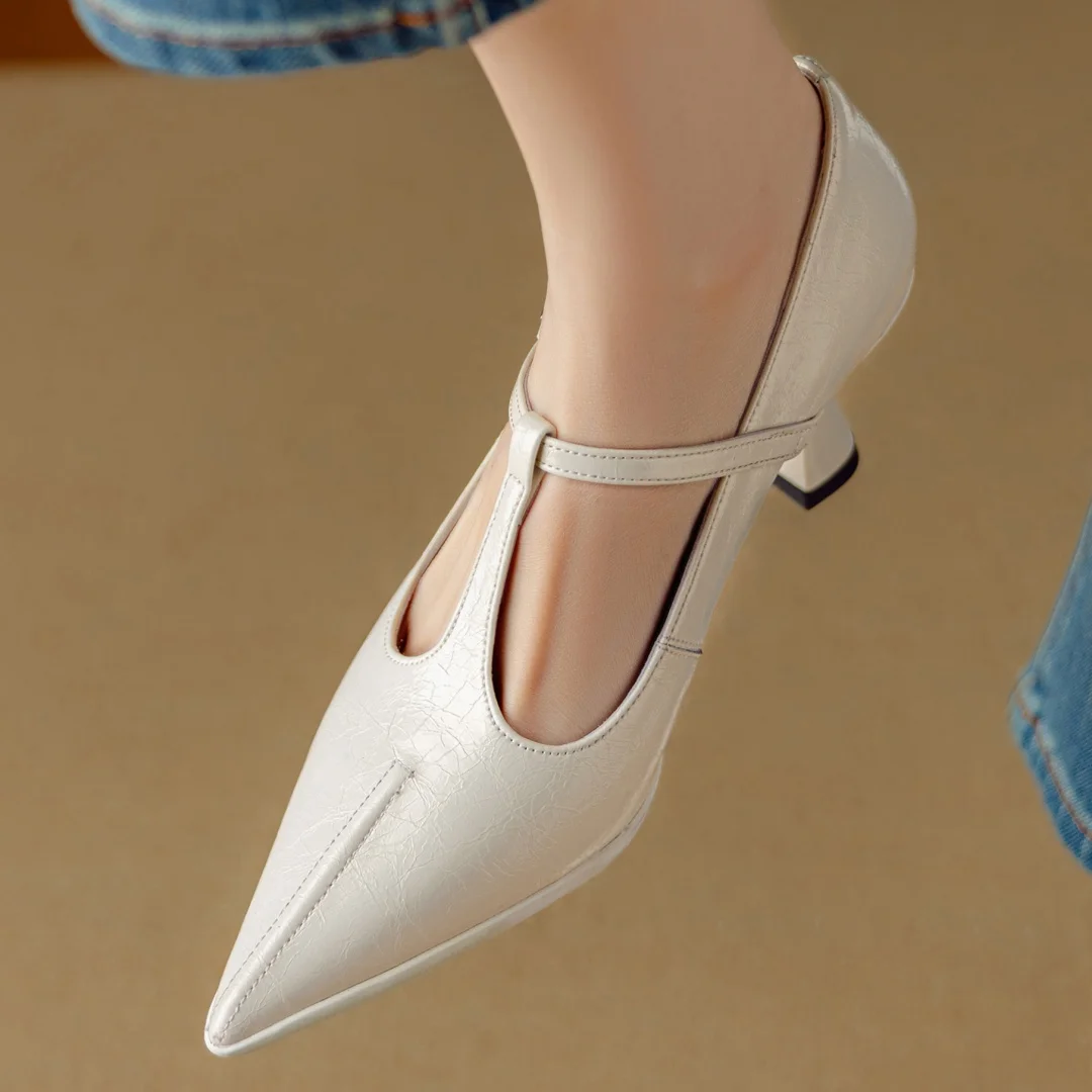 Women's genuine leather pointed toe metal buckle slip-on t-strap pumps elegant ladies 7.5cm thin high heeled daily dress shoes