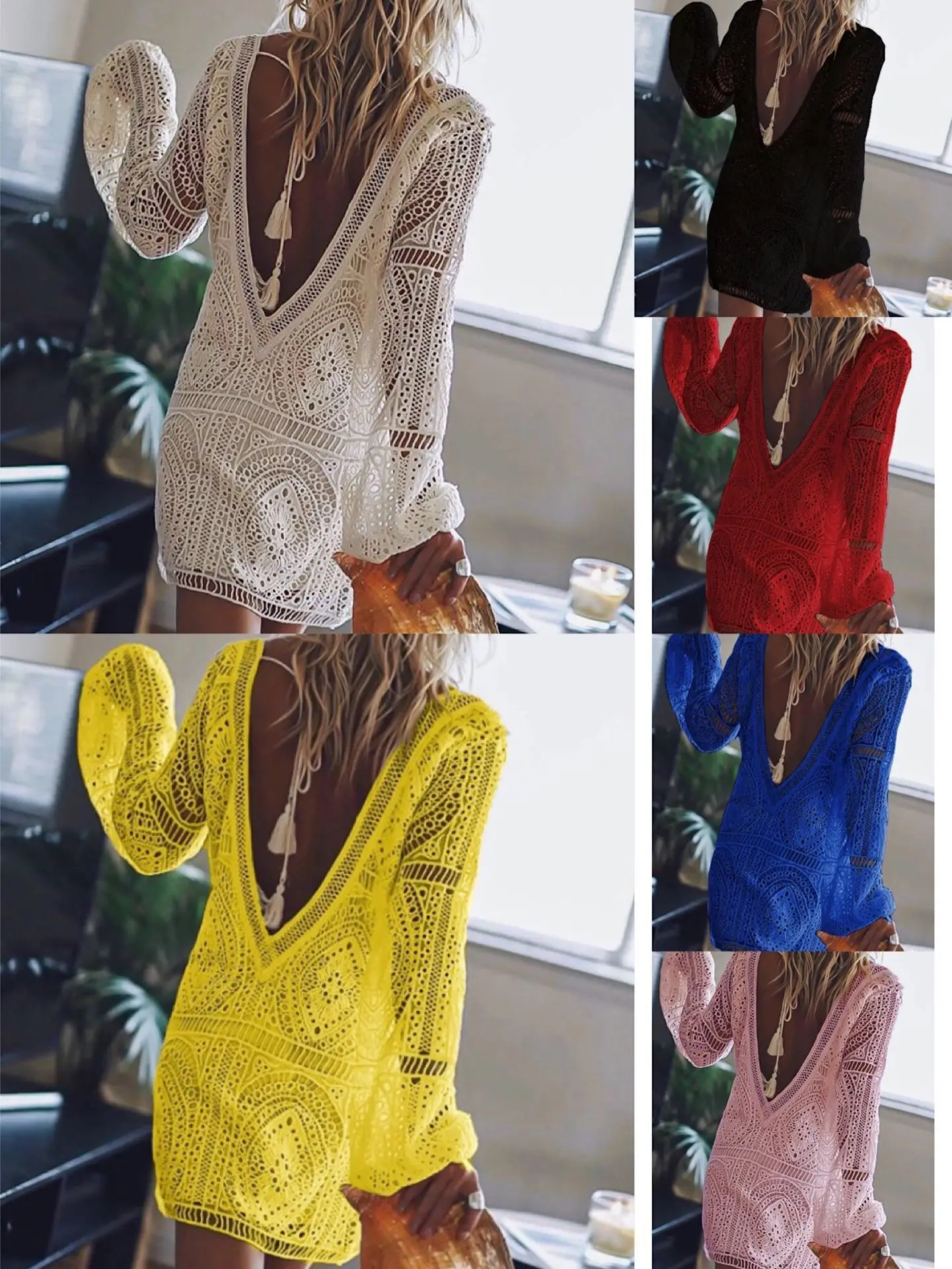 

Summer Dress for Women See Through Hollow Sexy Mini Dresses Long Sleeve Backless V-Neck Lace Dress Loose Bohemian Beach Smock