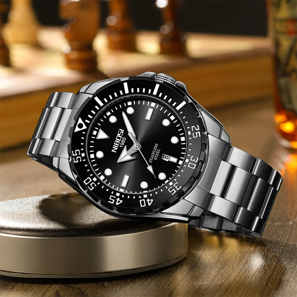 NIBOSI Brand Luxury Mechanical Case Back Design Fashion Quartz Watch Stainless Steel Waterproof Mens Watches Relogio Masculino