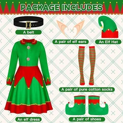 Festive Green Elf Costume with Velvet Dress, Hat, Belt, and Ears for Christmas Family Party (A)