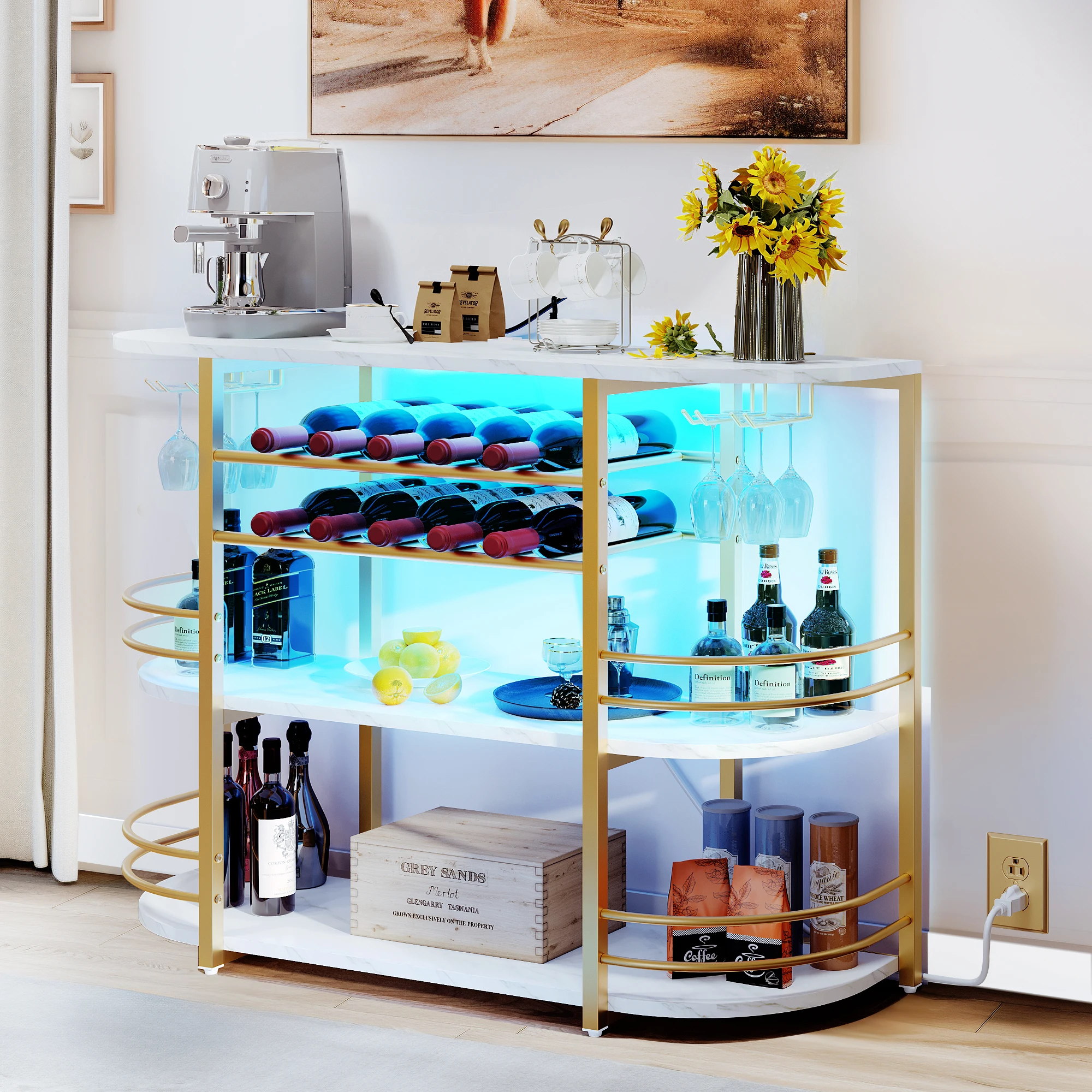 3 Tier Metal Coffee Bar Cabinet with LED Lights Wine Liquor Display Rack Holder