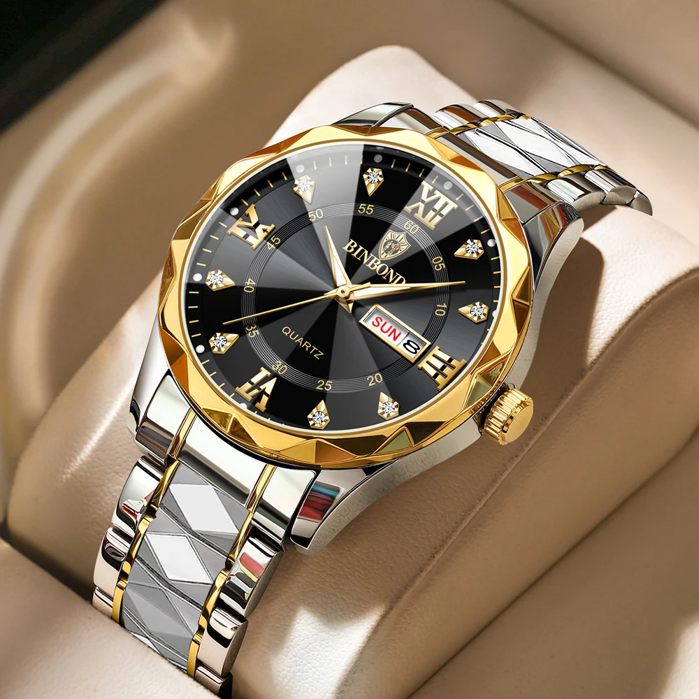 BINBOND Men's Watch Waterproof Night Glow Double Calendar Watch Men's Quartz Watch Diamond Pointed Glass Clock_voghion.com
