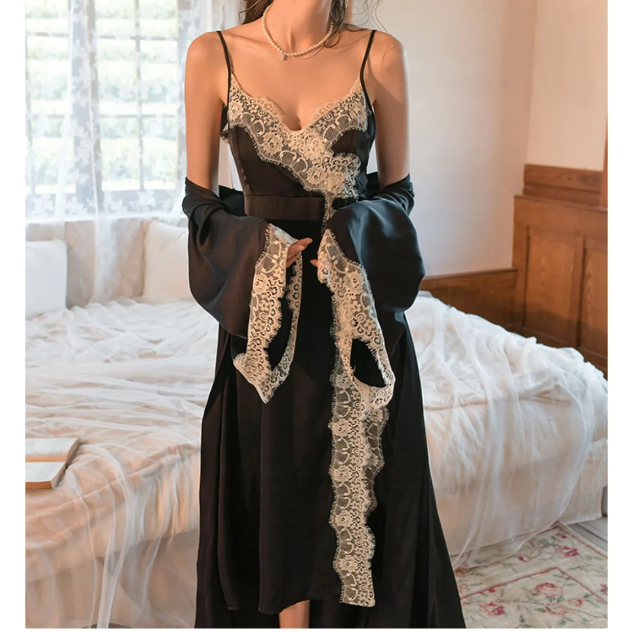 Sexy Nightdress Black Women's Set Silky Lace Nightgown Black