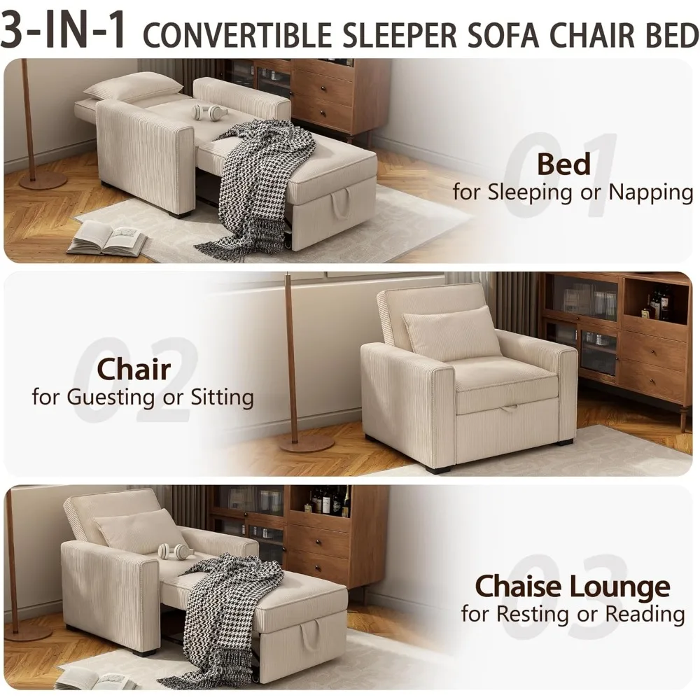 Living Room Chair with Throw Pillow, 3 in 1 Convertible Pull Out Sofa Chairs, Soft Corduroy Fabric Sofa Sleeper, Sleeper Chair