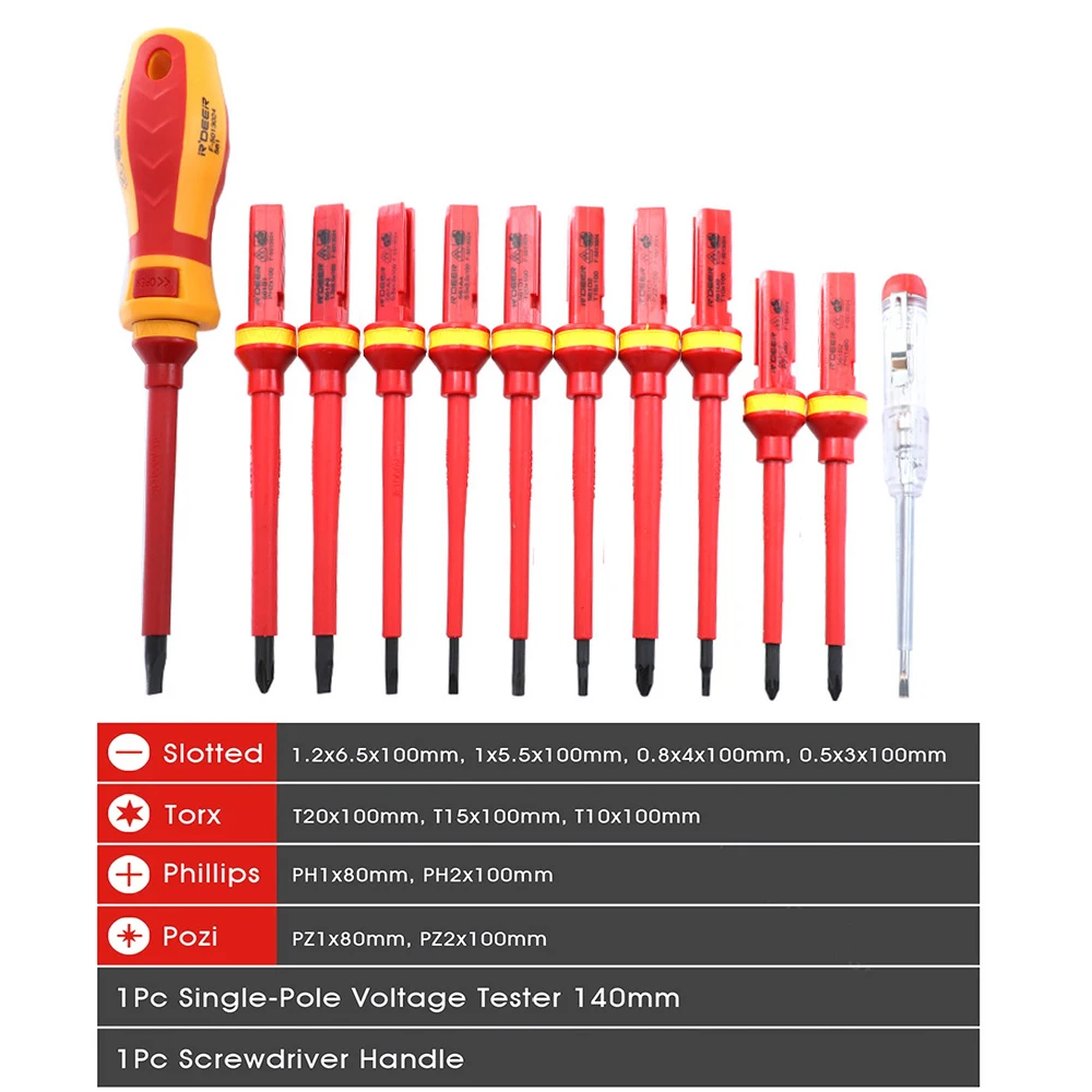 Electrician Repair Tools Kit 13pcs 1000V Changeable Insulated Screwdrivers Set with Magnetic Slotted Phillips Pozidriv Torx Bits 4