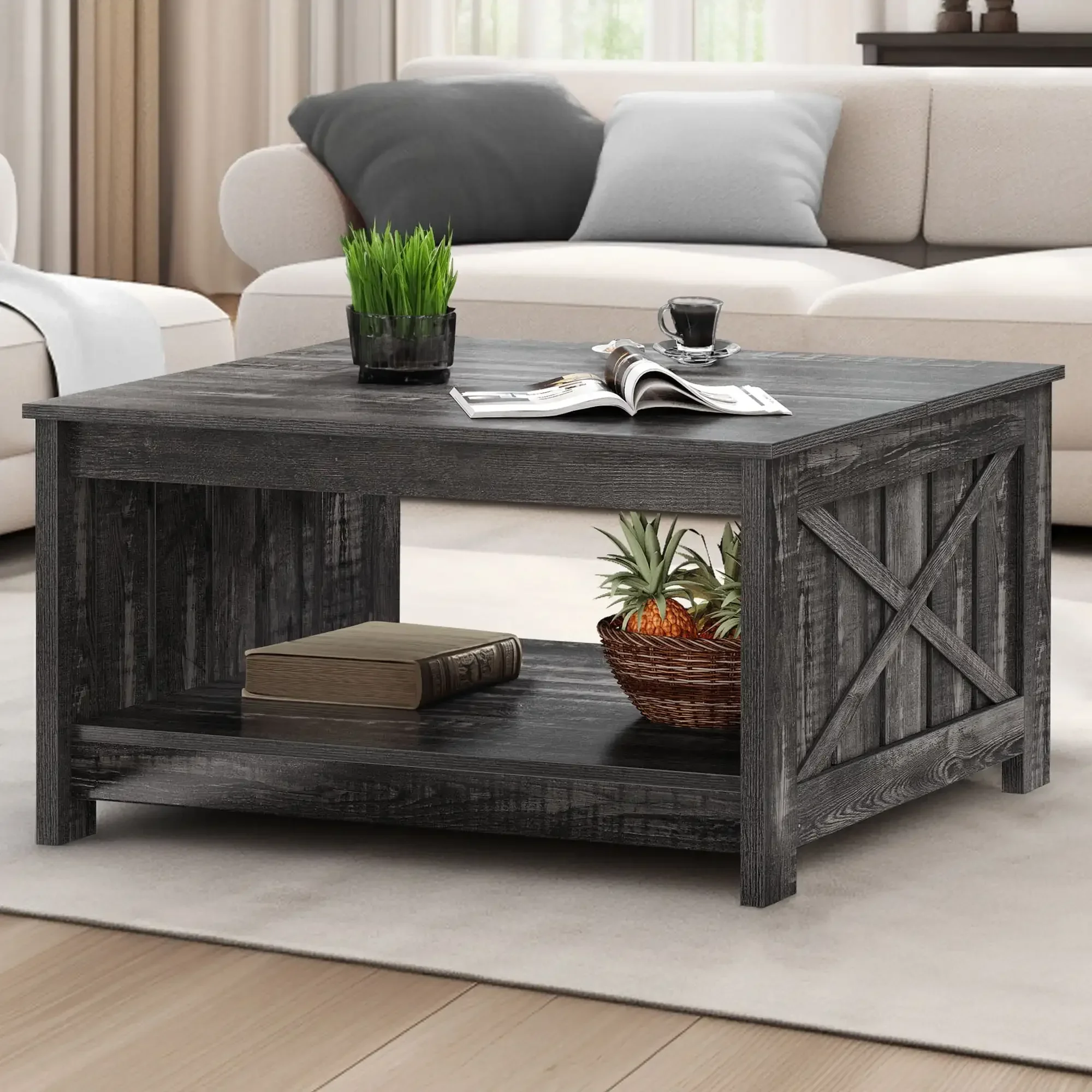 Square Coffee Table, Farmhouse Coffee Table with Half Open Storage Compartment, Rustic Gray 3