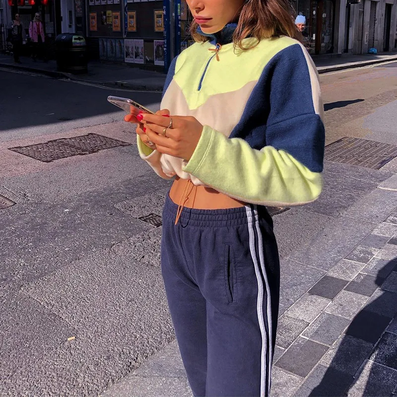 New Fashion Women Contrast Patchwork Short Sweatshirt Retro Women's Zipper Stand Collar Casual Girl Long Sleeve Winter Top