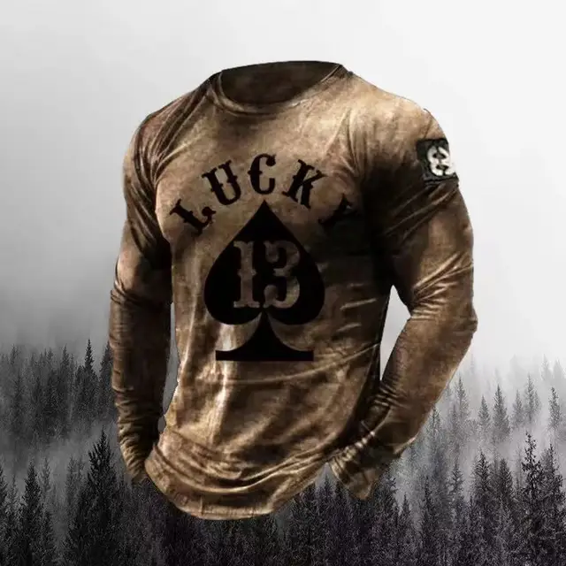 Poker A Print T-Shirt Long Sleeve Winter O-Neck Soft Top Men'S 2022 Fashion Skull Us Vintage Cotton Comfortable Clothes T-Shirt 2