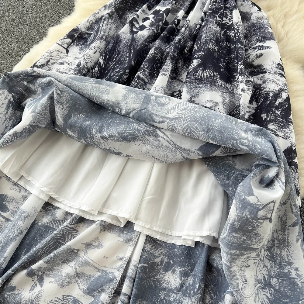 Vintage Tie Dye Print Shirt Dress Women Elegant Summer High Waist Slim A Line Printed Chiffon Long Robe Ladies Casual Long Robe