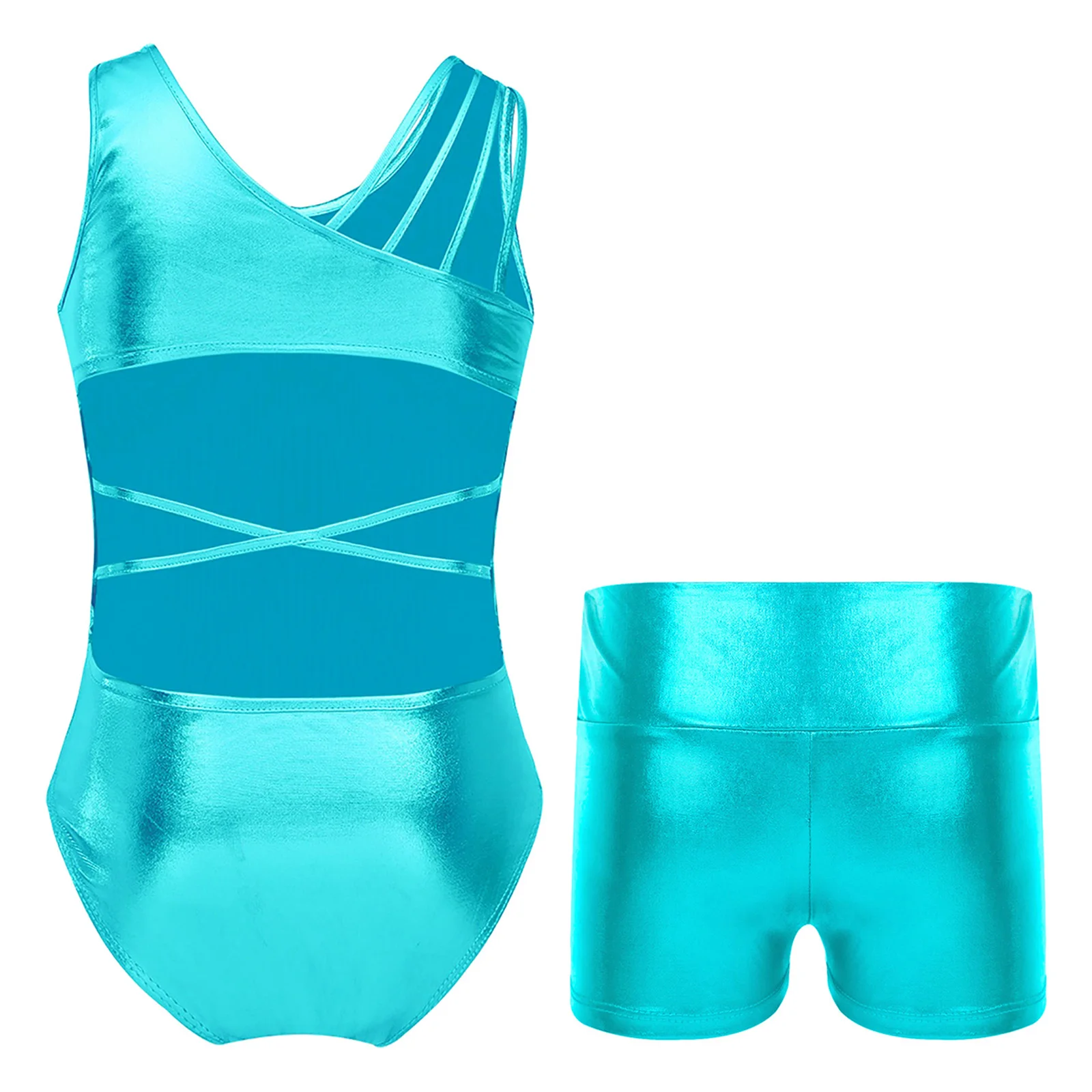 2023 Kids Girls Ballet Dance Suits Metallic Shiny Sleeveless Open Back Straps Glittery Leotard Jumpsuit with High Waist Shorts