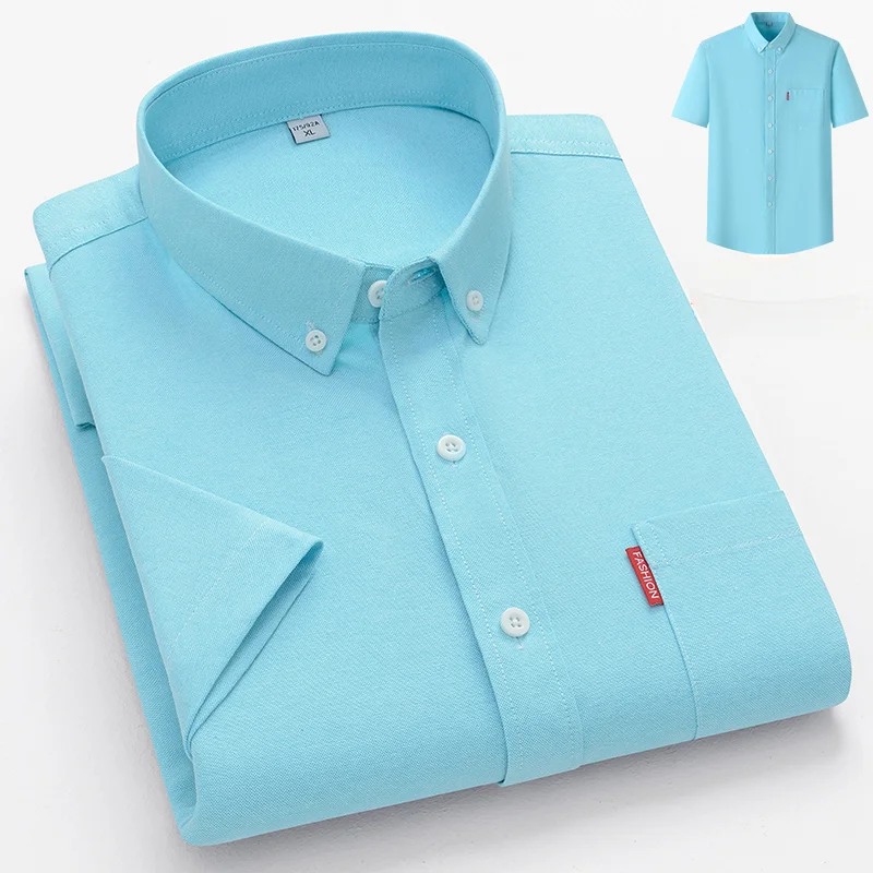 100% Cotton Basic Shirt for Men Short Sleeve Summer Casual Solid Business Oxford Yellow White Regular Fit Social Man Clothing 5