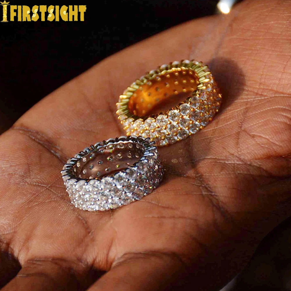 New 3 Row Cz Paved Wedding Band Rings For Women Man Gold Color Iced Out