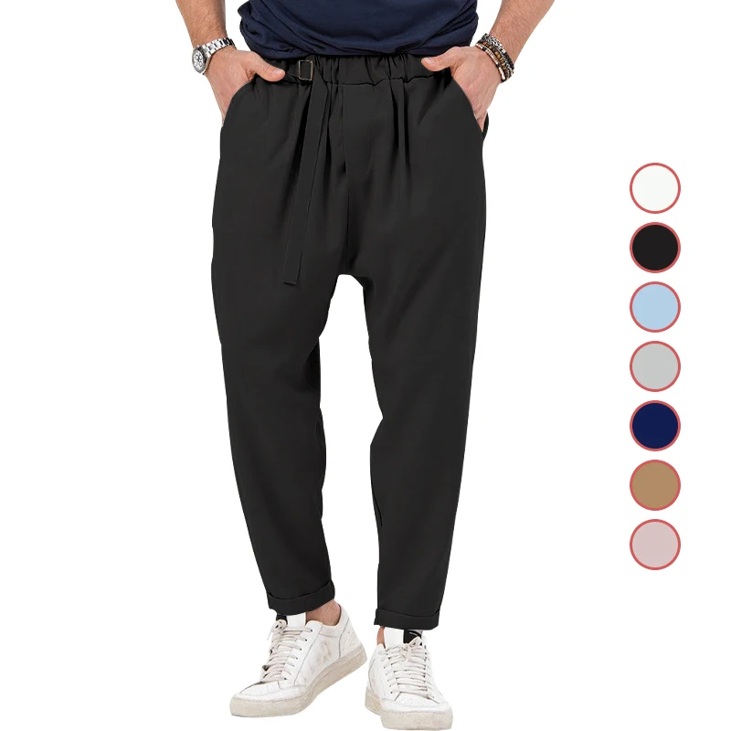 

2024 Solid Color Breathable Loose Cotton And Linen Waist Accessories Cropped Pants For Street Men's Casual Pants