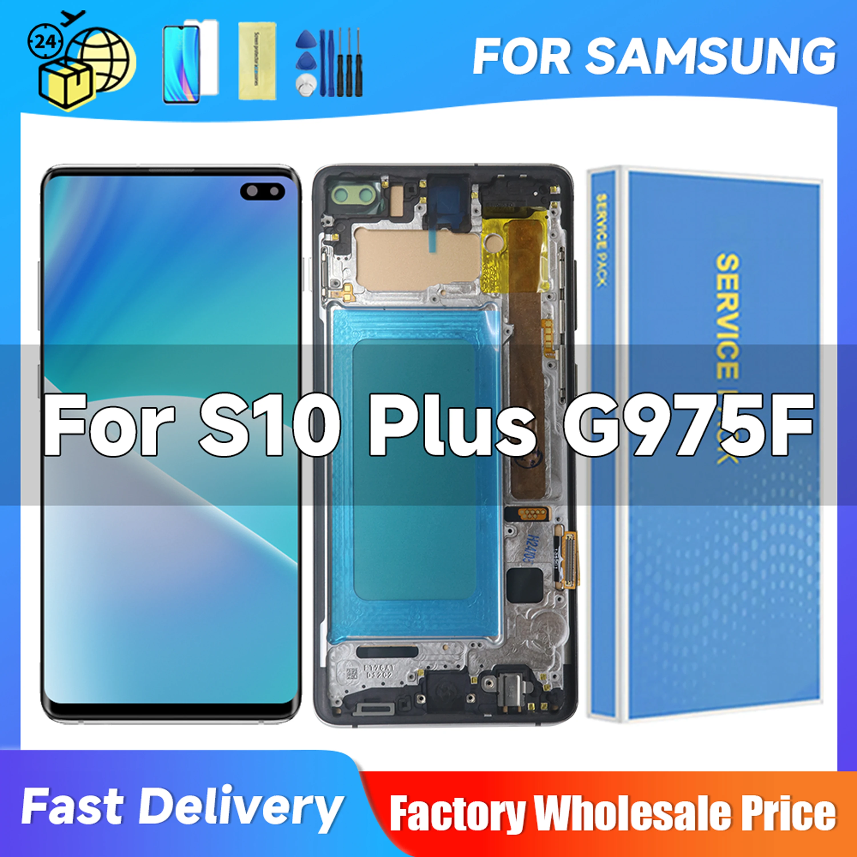 테스트된 S10 플러스 LCD, 프레임 포함, 삼성 S10 + G975 G975F/DS 디스플레이, 터치 스크린 디지타이저 어셈블리 교체
