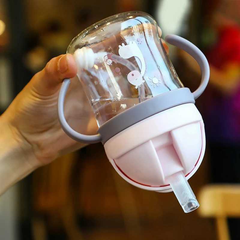 250ML Cartoon Pattern Outdoor Child Drinking Bottle Straw Cup With Suction Ball For Kids Training Portable Handle Water Bottle