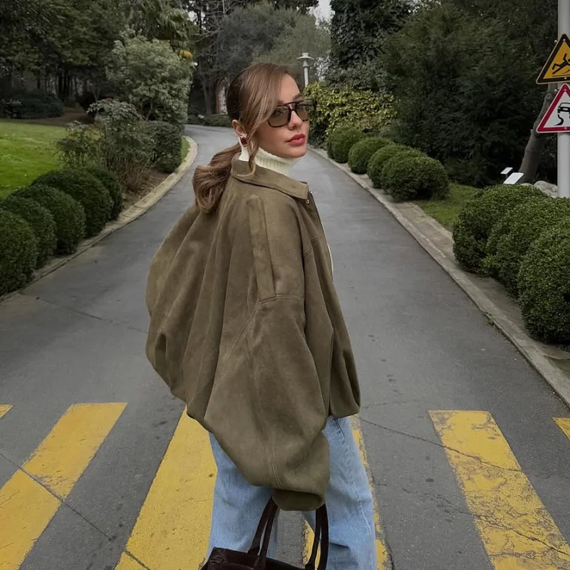 Women Green Suede Leather Jacket 2025 Fashion Oversized Full Sleeve Lapel Bomber Coat Female High Street Outerwears New Spring